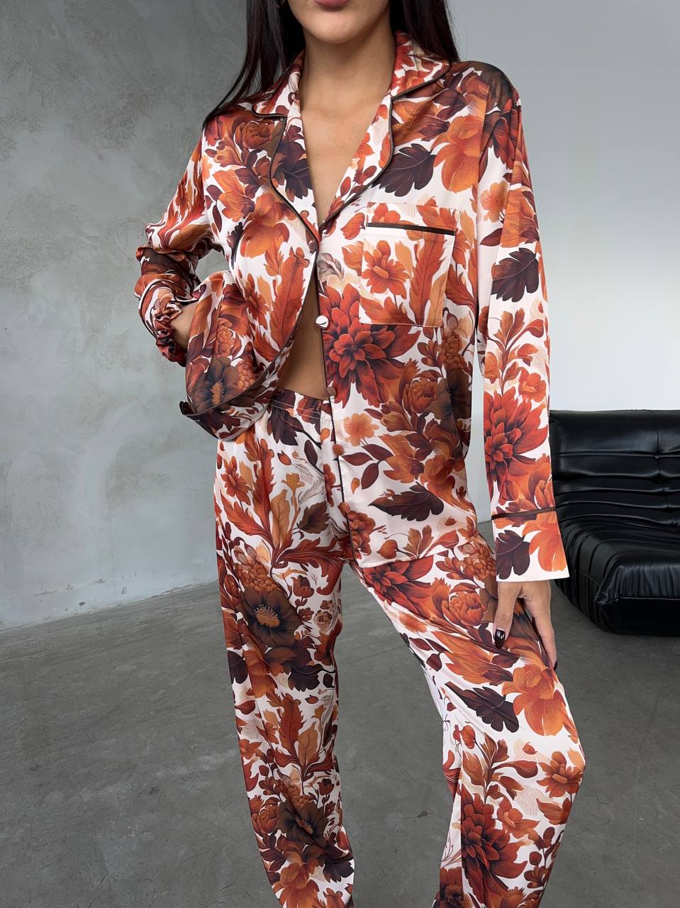 Burnt Orange Floral Soft Satin Pajama