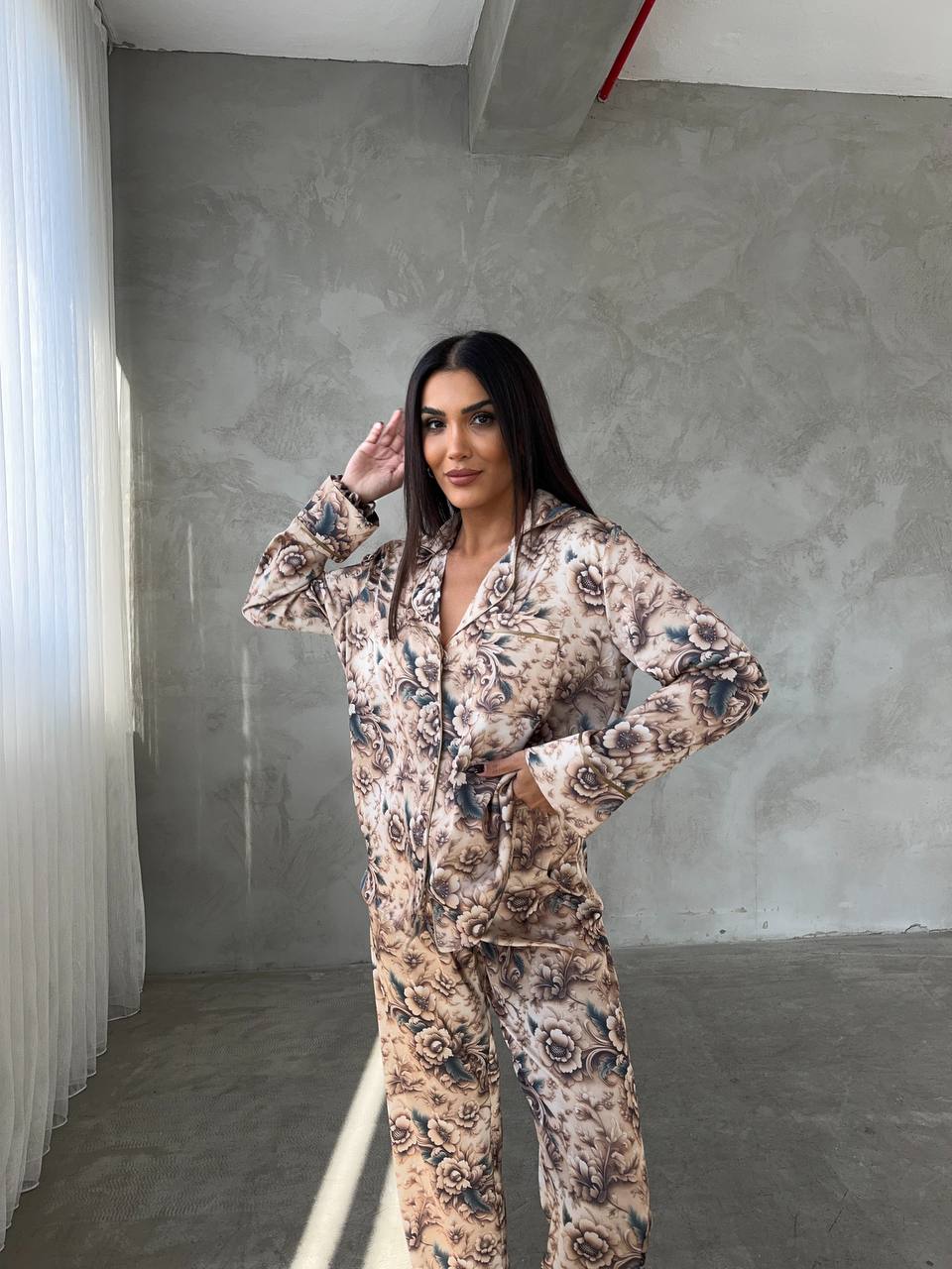 Warm Beige with Brown Floral Soft Satin Pajama