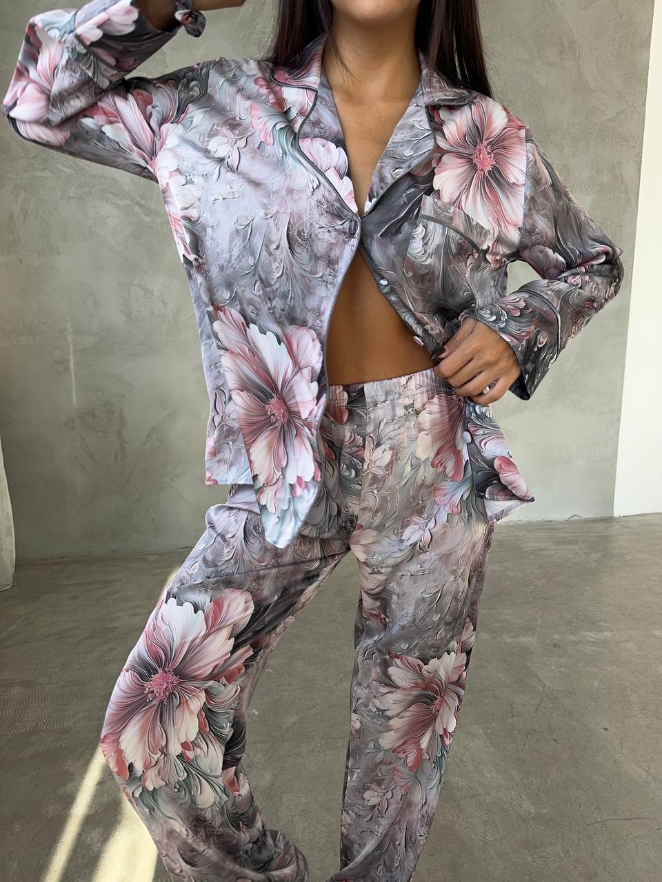 Soft Gray with Pink & White Floral Soft Satin Pajama